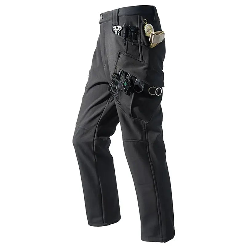 Men's cargo hiking pants, dark gray fleece-softshell with multiple utility pockets and gear loops