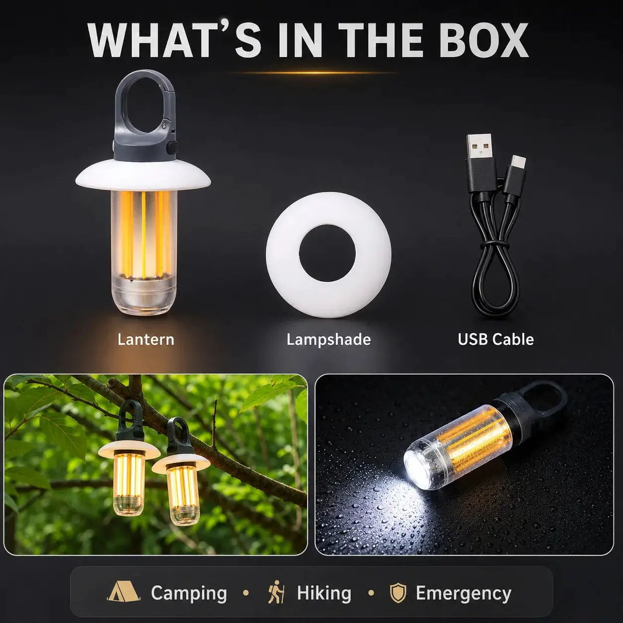 LED Rechargeable Camping Lantern Simples Market with hanging handle, warm amber light, lampshade and USB cable