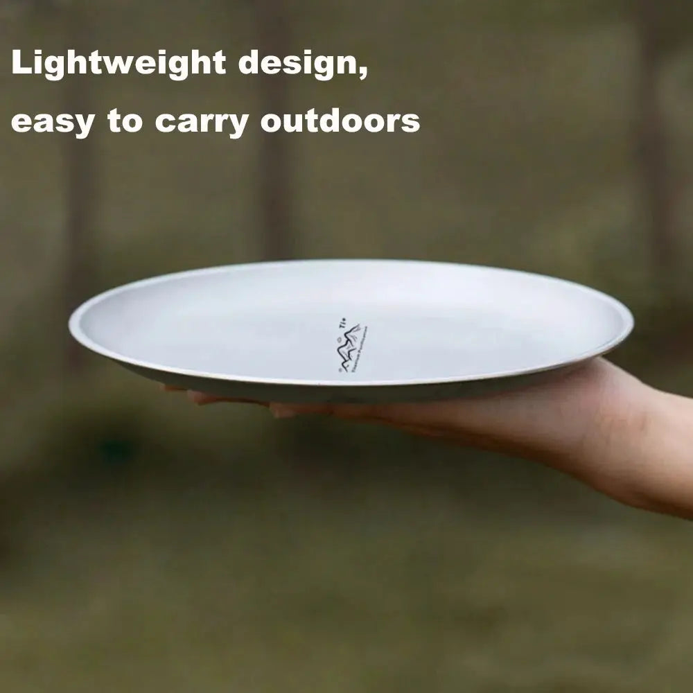 Titanium camping plate by Simples Market, white round outdoor dinnerware.
