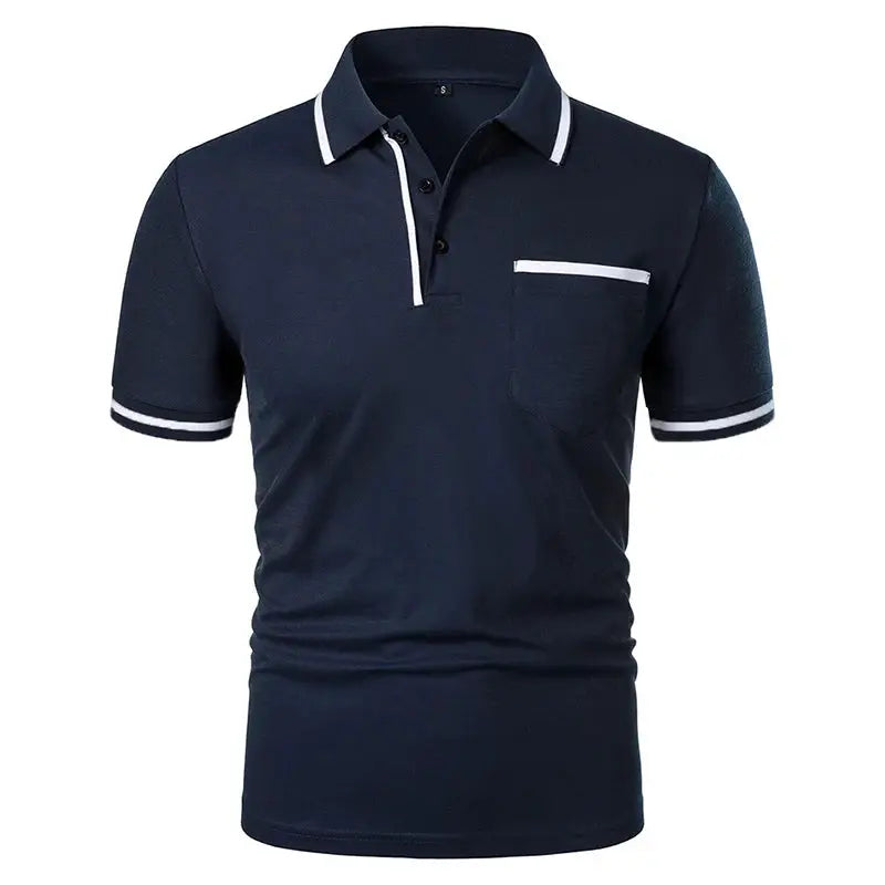 Men's navy short-sleeve polo shirt with white piping on collar, placket, and chest pocket