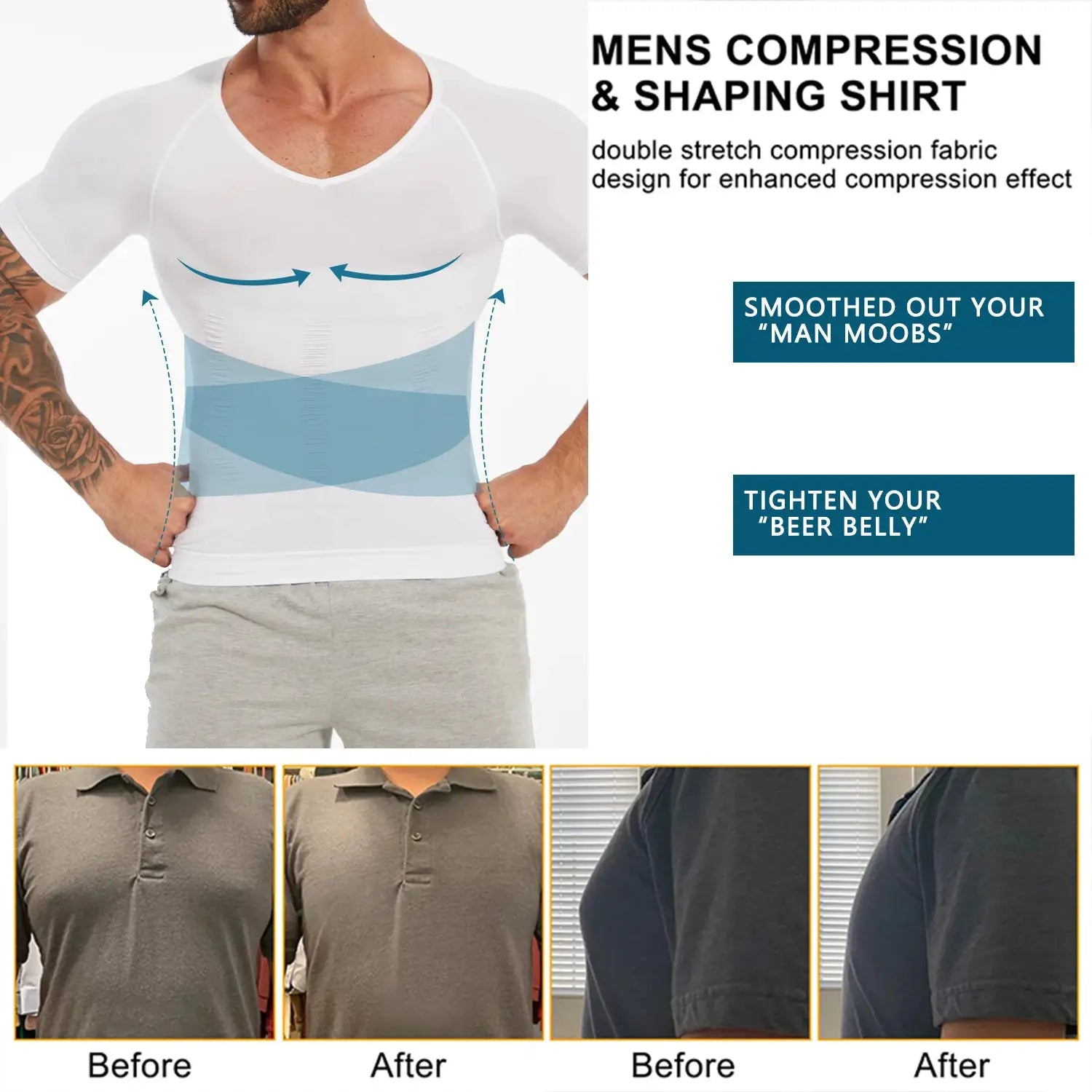 Men's short-sleeve compression shirt with V-neck in white; tummy-control shapewear for a flatter belly.