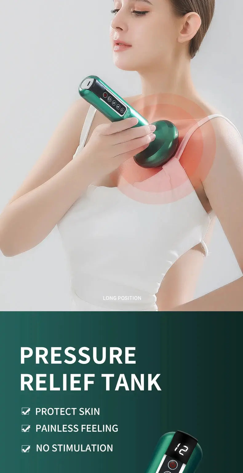 Tricolor electric massager by Simples Market with green handheld unit and suction cup for shoulder relief