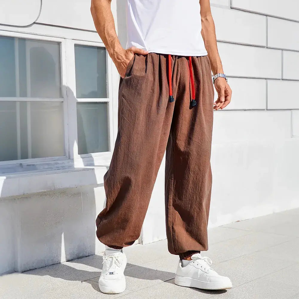 Men's loose-fit harem pants, solid brown cotton-linen joggers with red drawstring, Simples Market