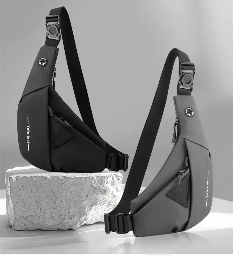 Two sling chest bags in black and gray, compact crossbody travel bags with anti-theft design.