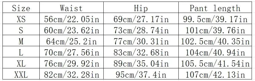 Simples Market Women's Super Soft Flare Pants size chart with waist, hip and pant length for XS–XXL.