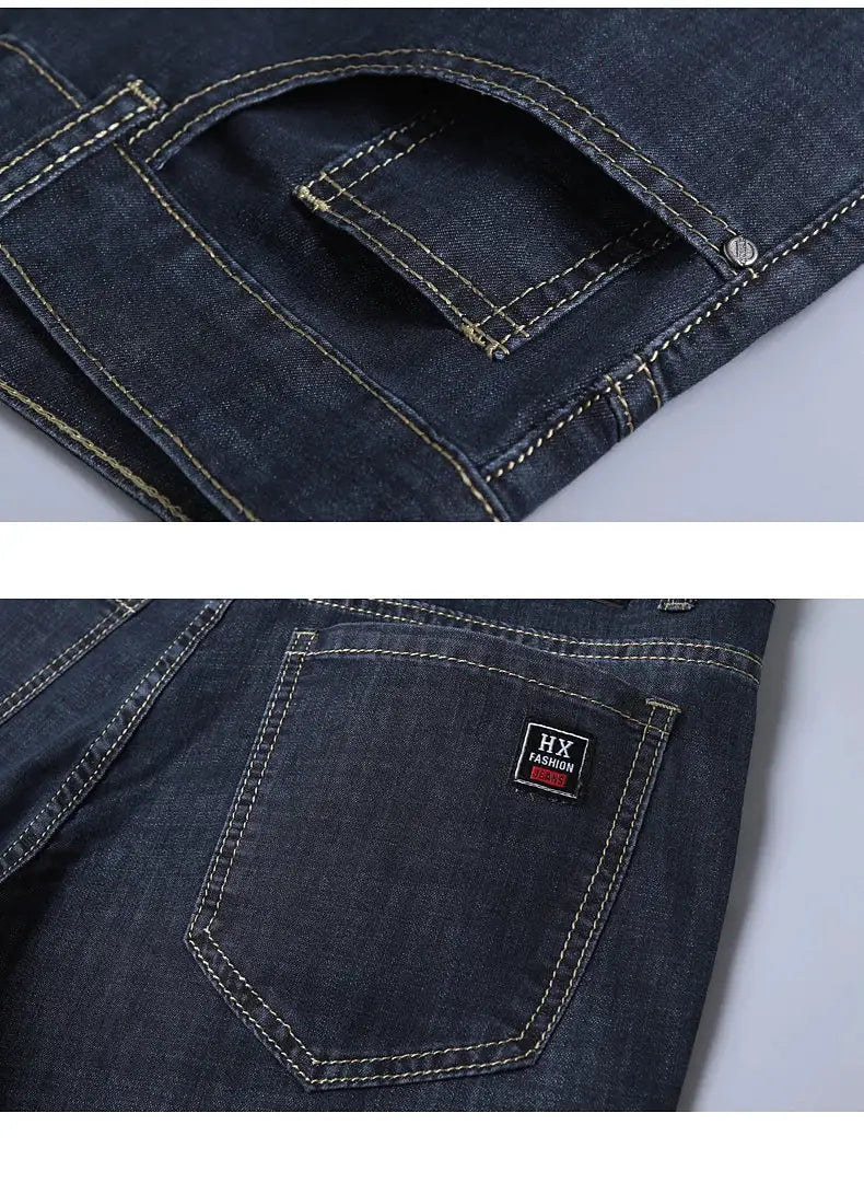 Men's dark blue denim jeans with yellow contrast stitching, straight-stretch cotton, back pocket patch HX FASHION