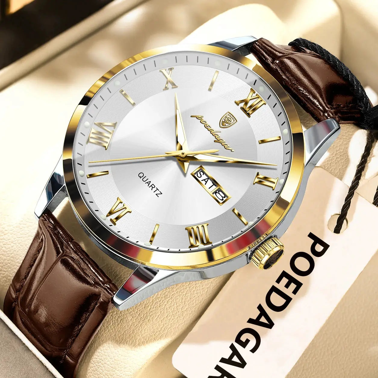 POEDAGAR Original Men Leather Strap Quartz Watch Luminous Waterproof Stainless Steel Case Timepiece
