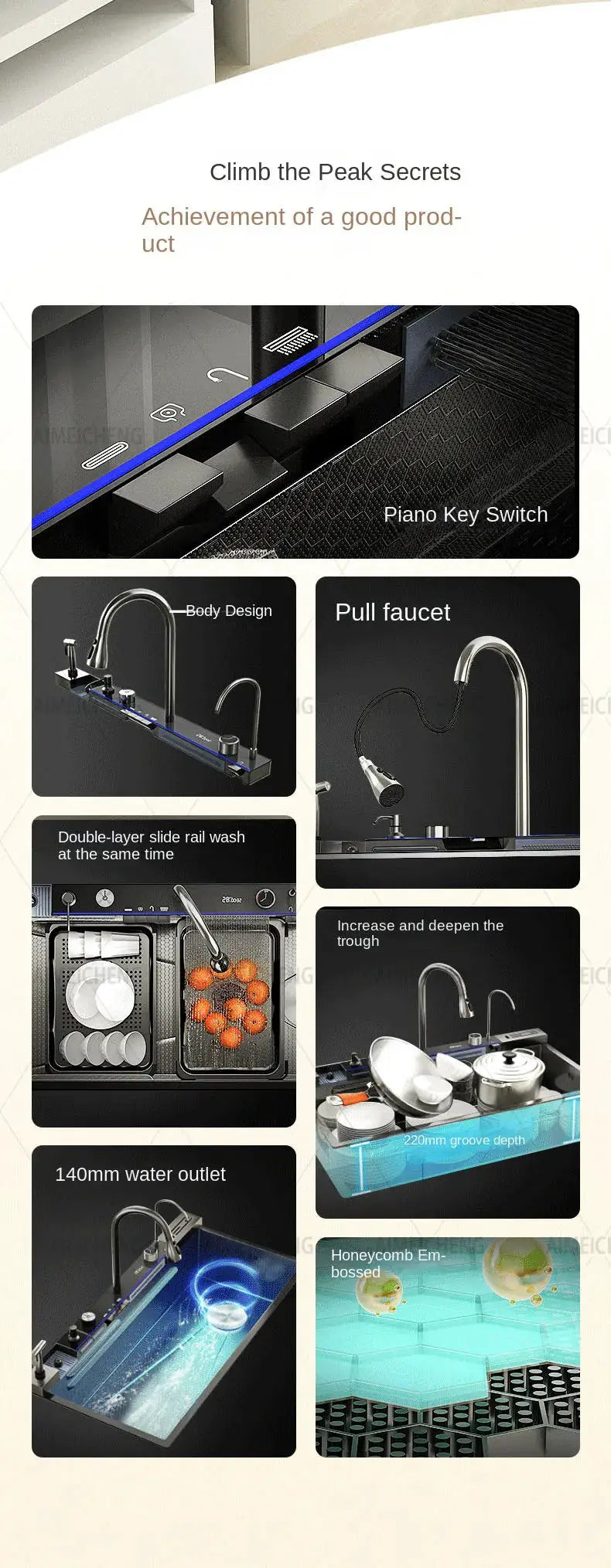 Large single-slot 304 stainless steel waterfall kitchen sink with a digital display