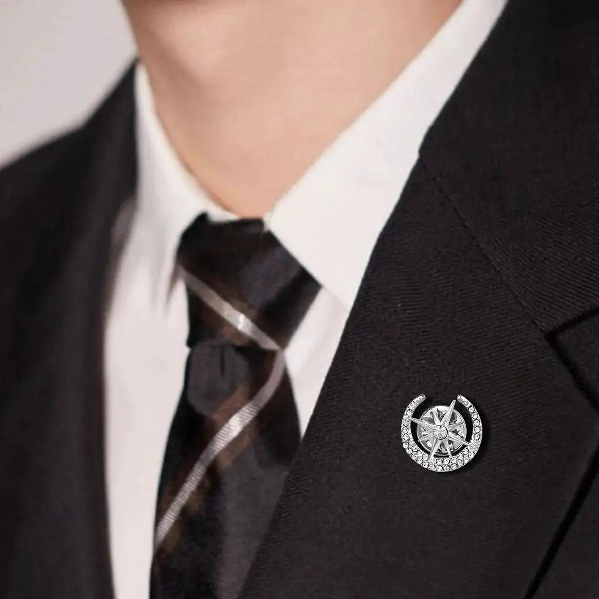 TOMI men's watch brooch ring gift set, silver-tone lapel pin with crystal-studded crescent design