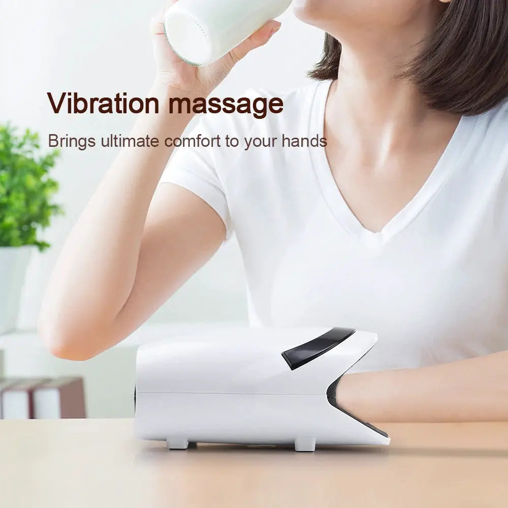 Smart hand massager, white wireless device for palm kneading and vibration therapy
