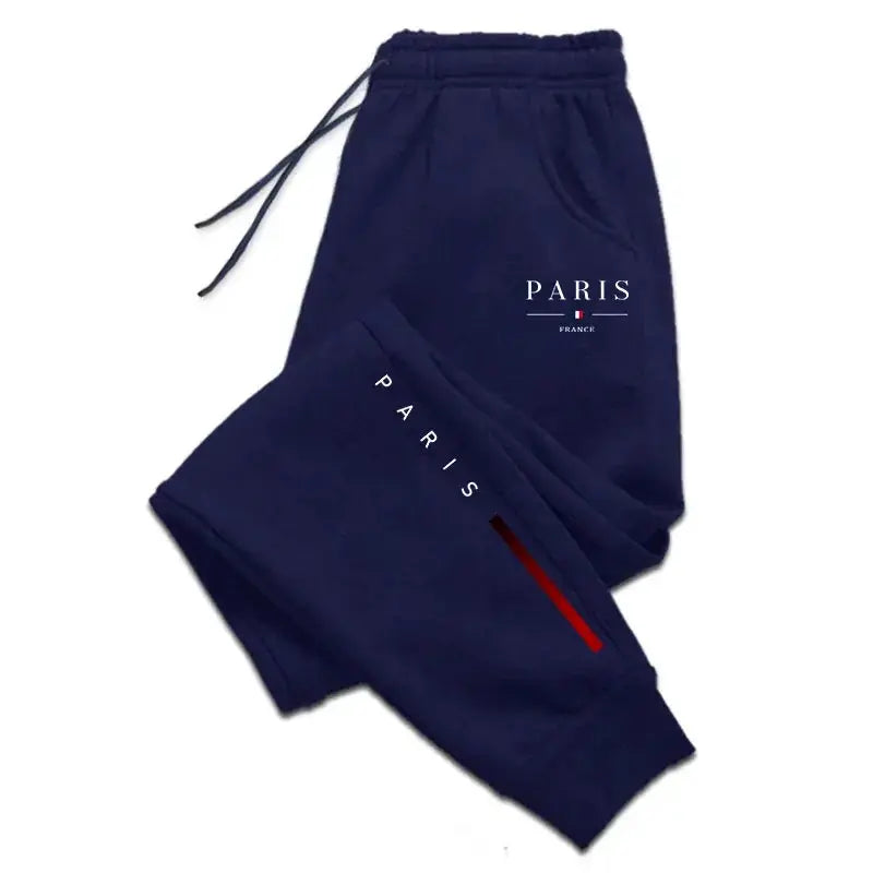 Men's Paris printed navy sweatpants, jogger style with drawstring and red stripe accent (2 pcs)