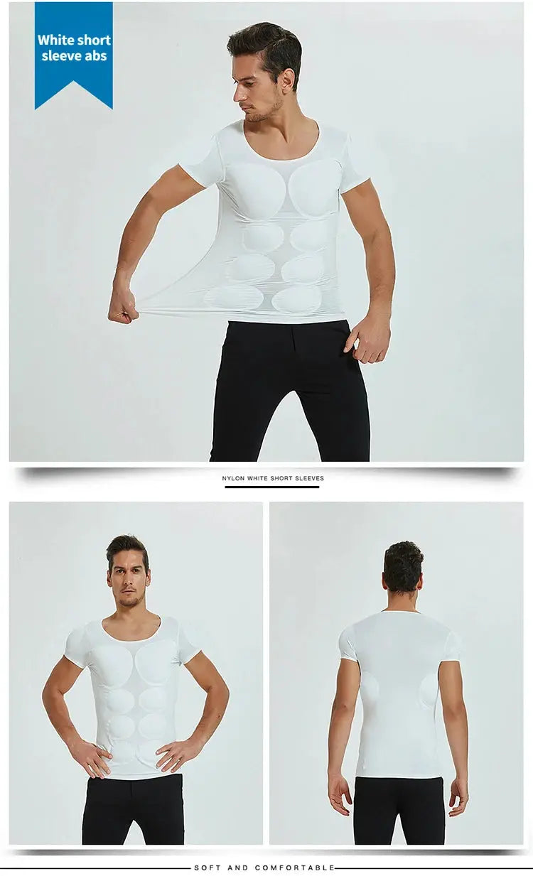 Simples Market 3D fake muscle T-shirt, white nylon short-sleeve undershirt with padded abs and chest