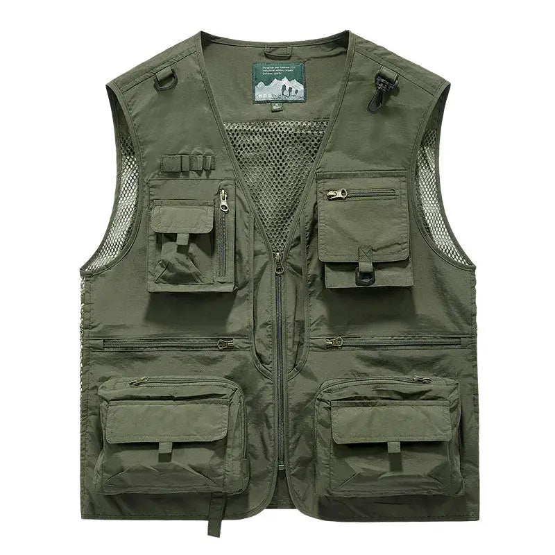 Simples Market green outdoor mesh vest with multiple pockets and zippered pouches