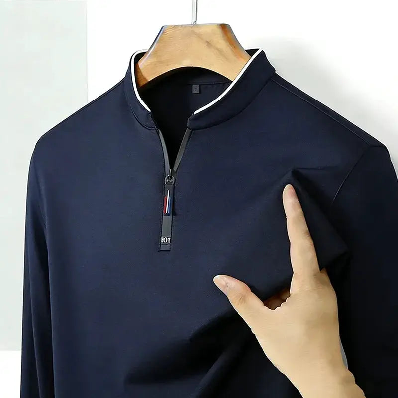 Men's navy stand-collar half-zip long-sleeve shirt, casual slim-fit pullover.