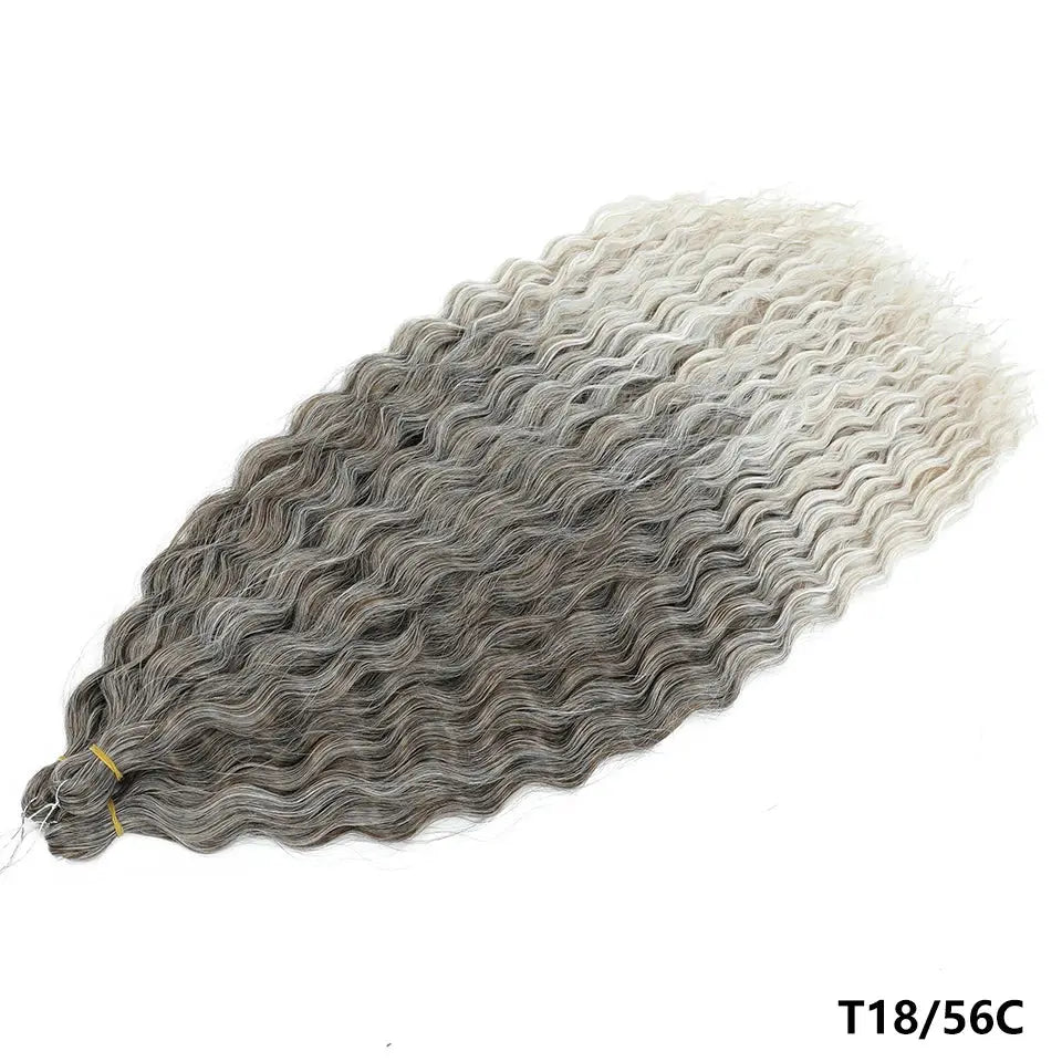 Ariel Curls water-wave crochet hair extensions in grey-to-blonde ombre, synthetic deep-wave bundle (T18/56C)