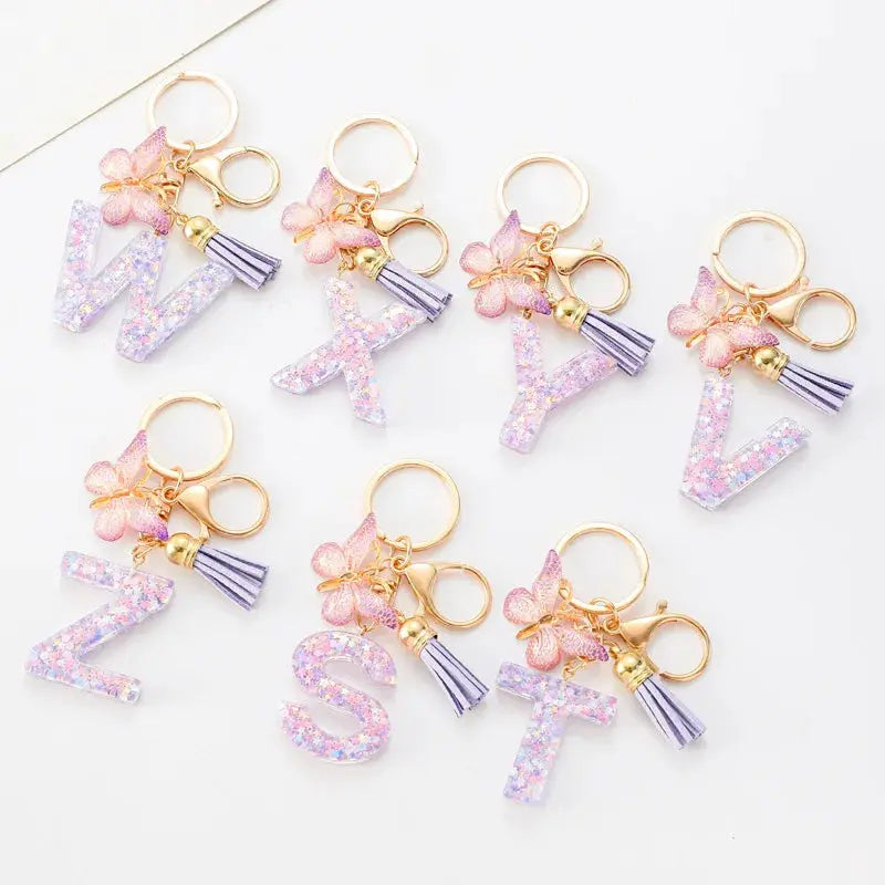 Sequin Letters Keychain For Women With Tassel Butterfly Pendant Initial Key Ring Purse Charm Car Key Chain Accessories
