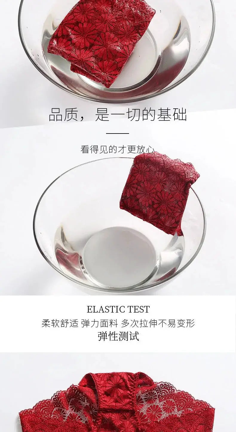 Panties with red lace, high-waisted plus-size hollow-out design.