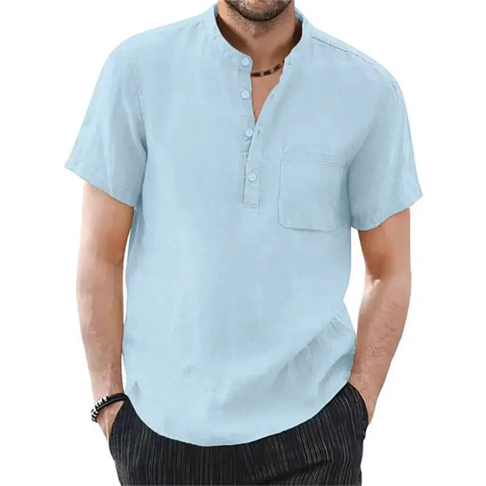Men's Short Sleeve T Shirt Cotton Linen Blend Breathable Casual Solid Color Summer Shirt