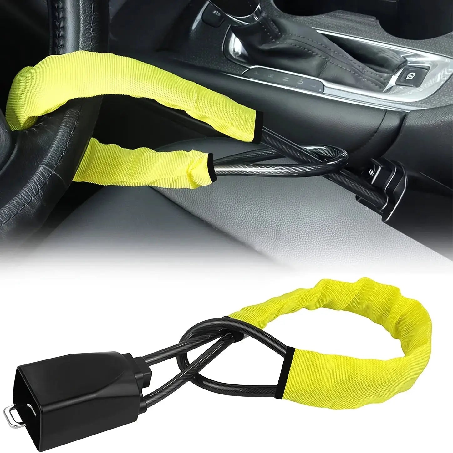Car steering wheel lock with steel cable and yellow sleeve; universal anti-theft device by Simples Market.