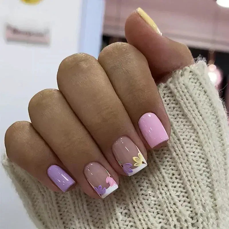 GlamNail Pro 24Pcs Short Square Coffin Press On Nails Set With Glue French Glitter Ballet Style