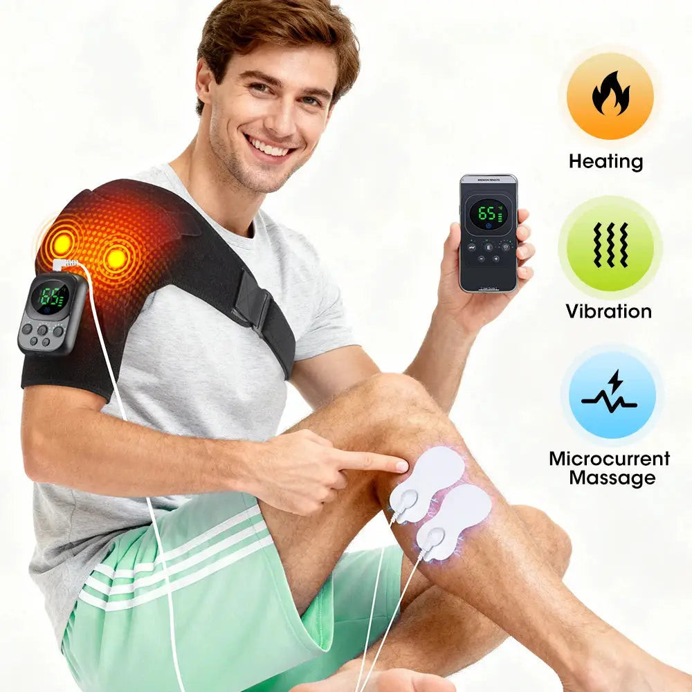 Electric heated shoulder brace wrap by Simples Market with adjustable strap and remote controller