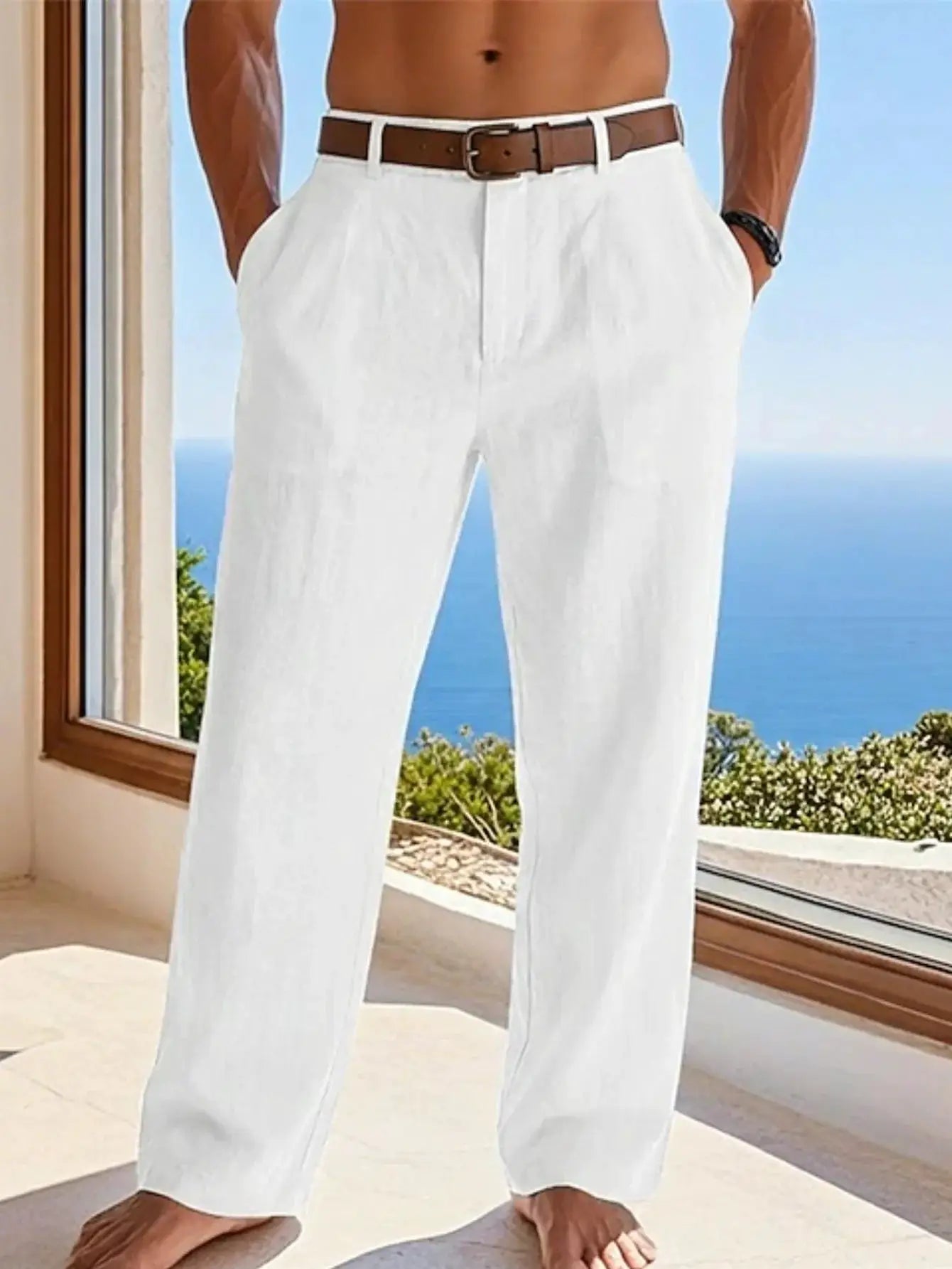 Men's white cotton-linen pants, loose casual long trousers with brown belt