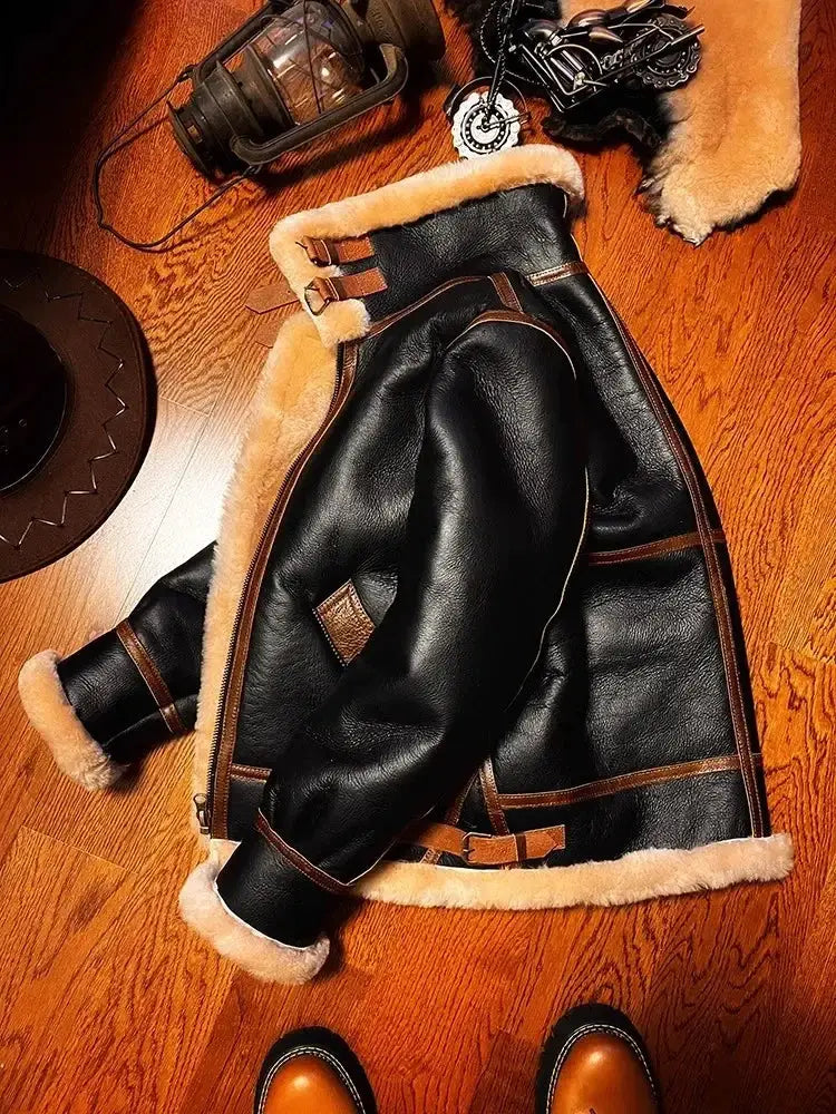 B3 shearling aviator jacket, black leather with tan fur trim, Simples Market