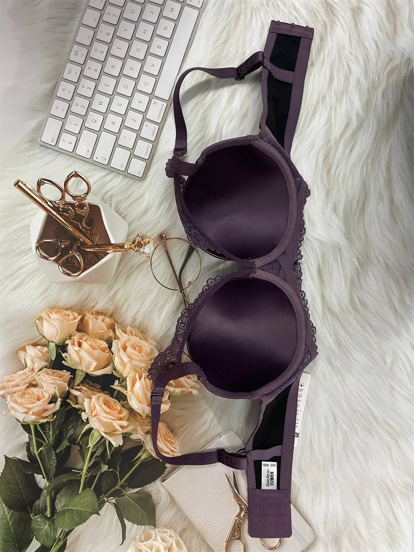 Purple PU leather underwire bra with molded cups and lace trim