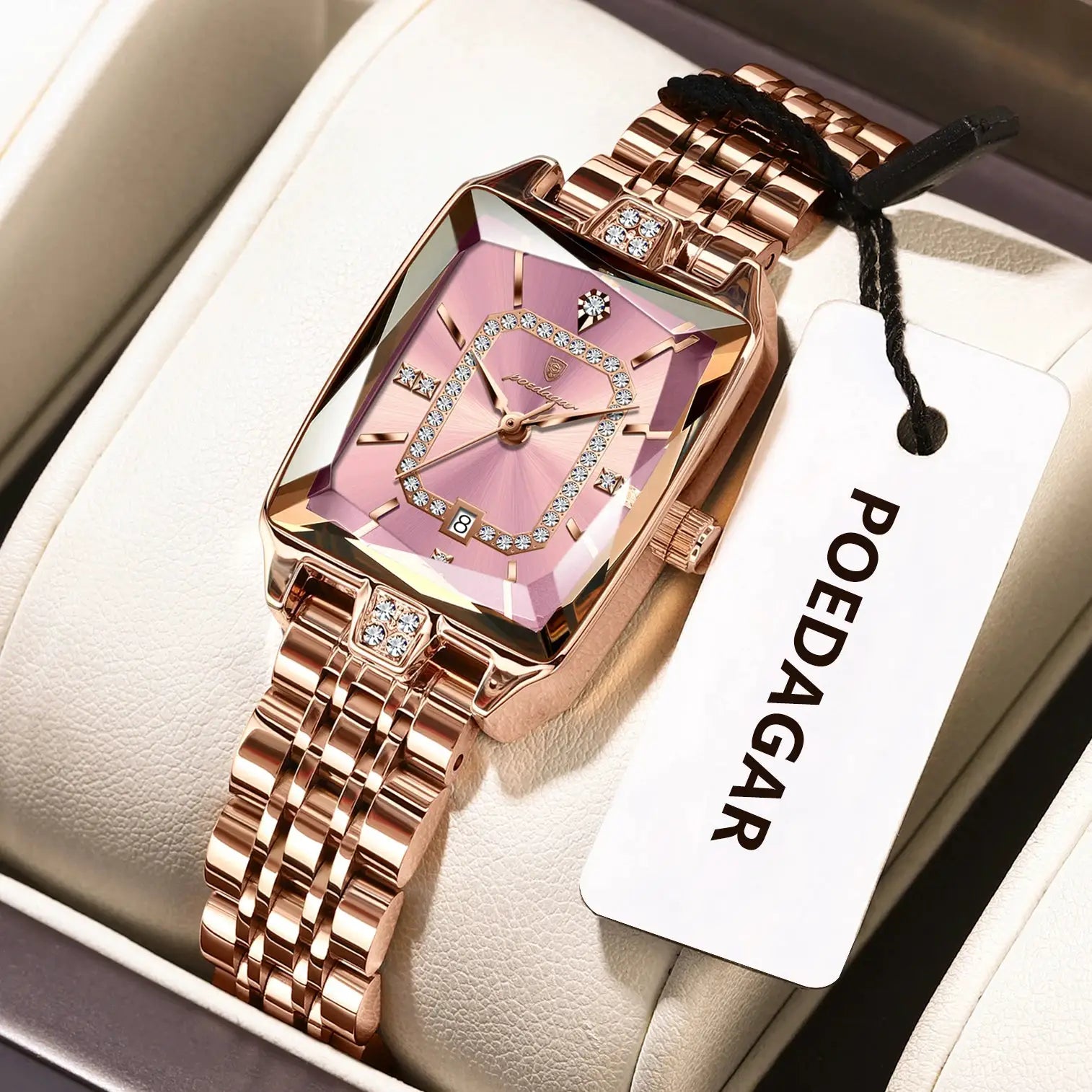 POEDAGAR luxury women's rose-gold wristwatch with pink dial, date window, crystal bezel, and stainless steel bracelet