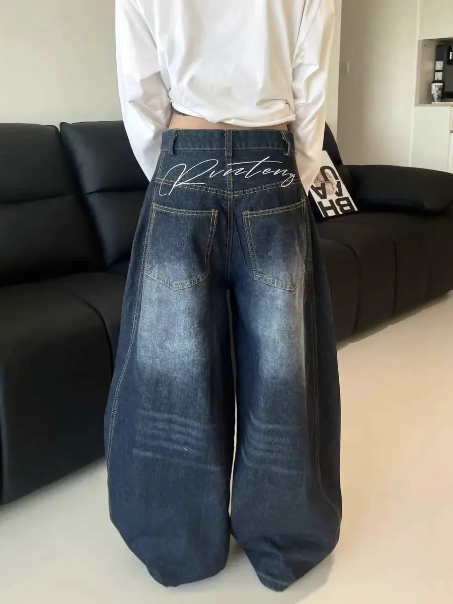 Y2K Baggy Cargo Jeans For Women Blue Washed Wide Leg Trousers
