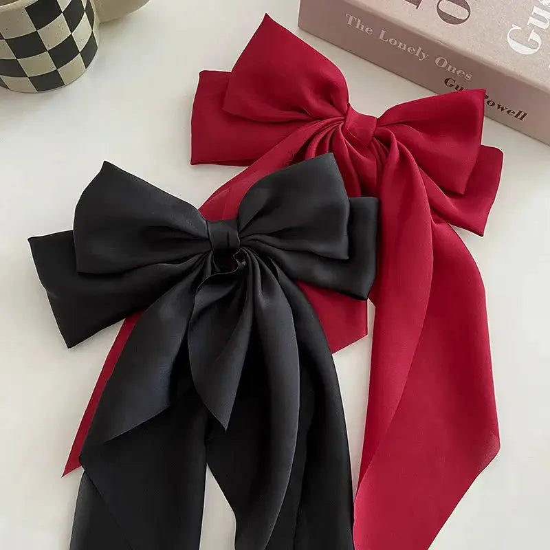 Korean Satin Bowknot Hair Clip For Women And Girls Long Ribbon Solid Color Barrette Hair Accessory