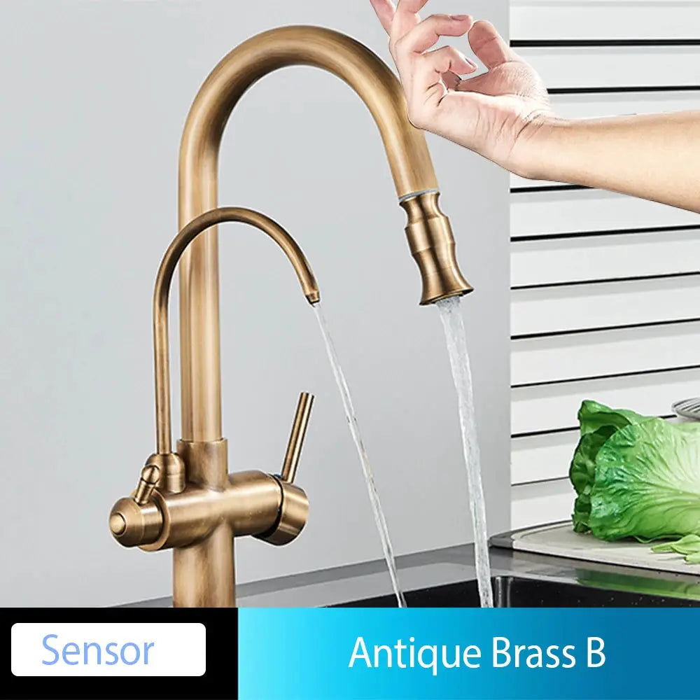 Kitchen faucet antique brass pull-out spray with dual handles