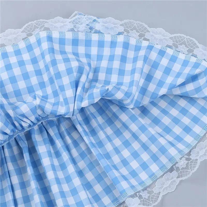Women's blue gingham lace trim mini skirt with ruffle edge