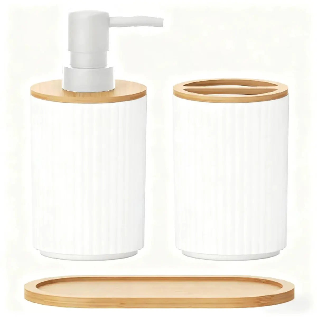 2-piece bathroom accessory set: white ribbed pump dispenser and matching toothbrush cup with bamboo lids