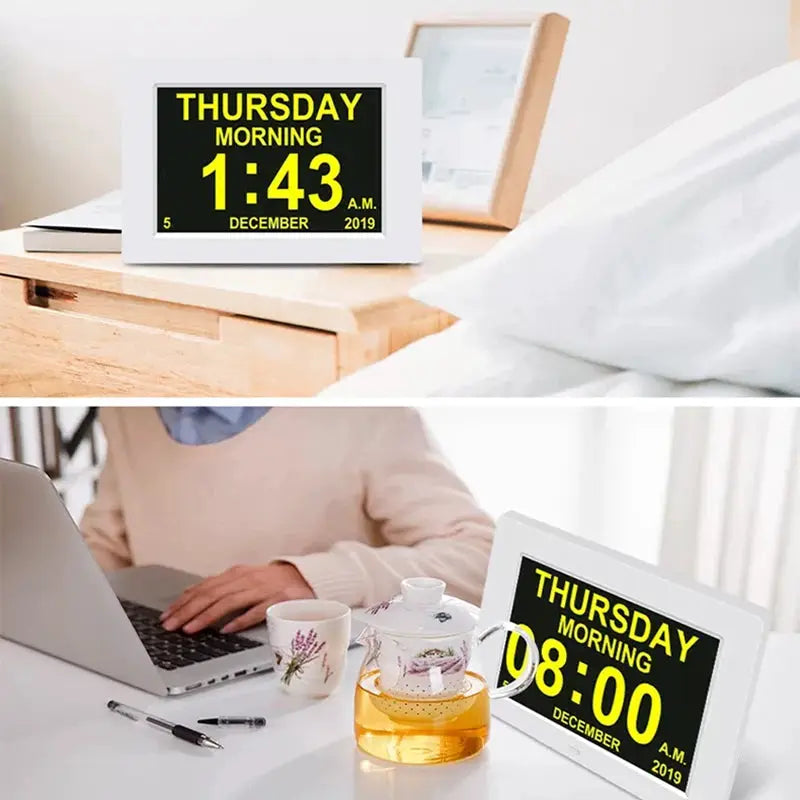 12 Alarms LED calendar clock by Simples Market, white with multi-language display; two clocks shown