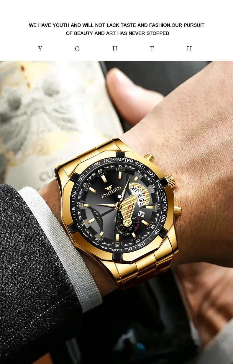 Gold-tone stainless steel men's quartz wristwatch with black dial, tachymeter bezel, date window