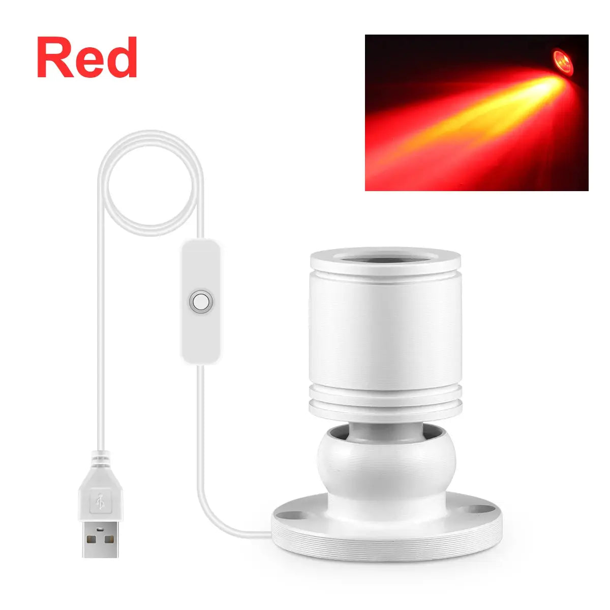 USB LED spotlight, white mini ceiling light with inline switch and round base; red beam shown