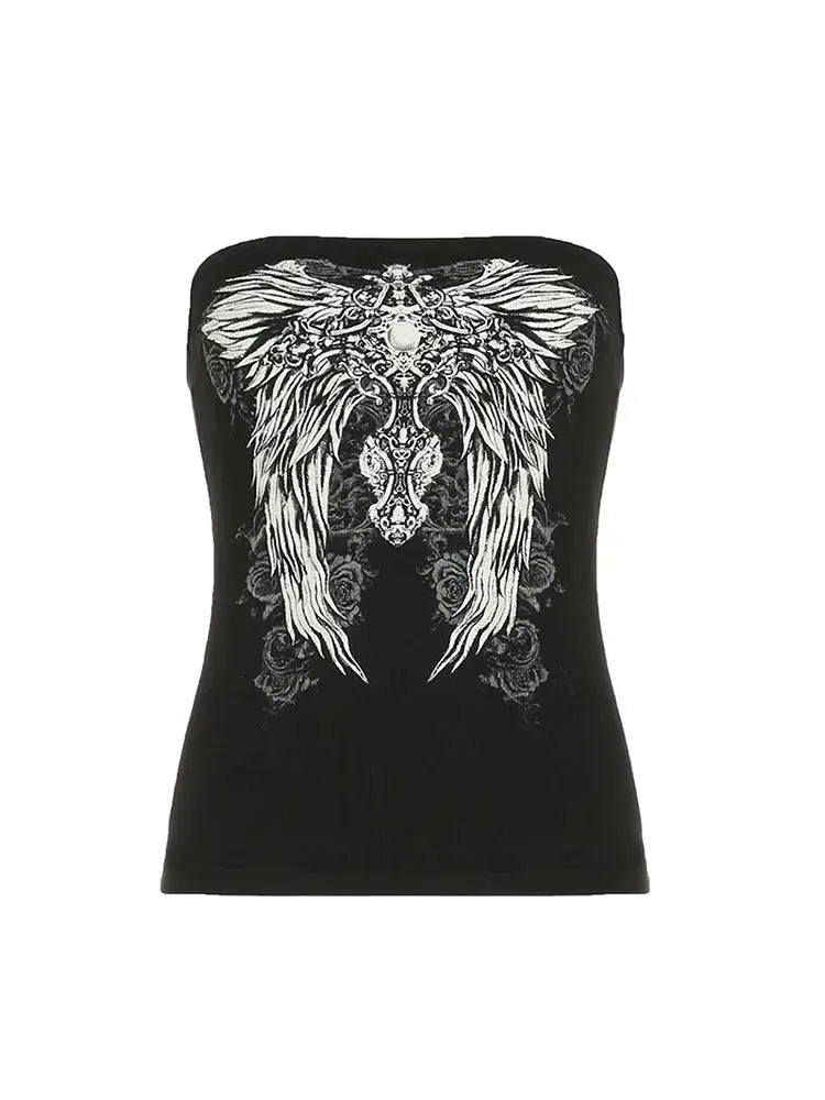 Gothic Print Black Strapless Tube Top for Women Skinny Cropped Summer Casual Chic Streetwear Graphic Tee Y2K Vest
