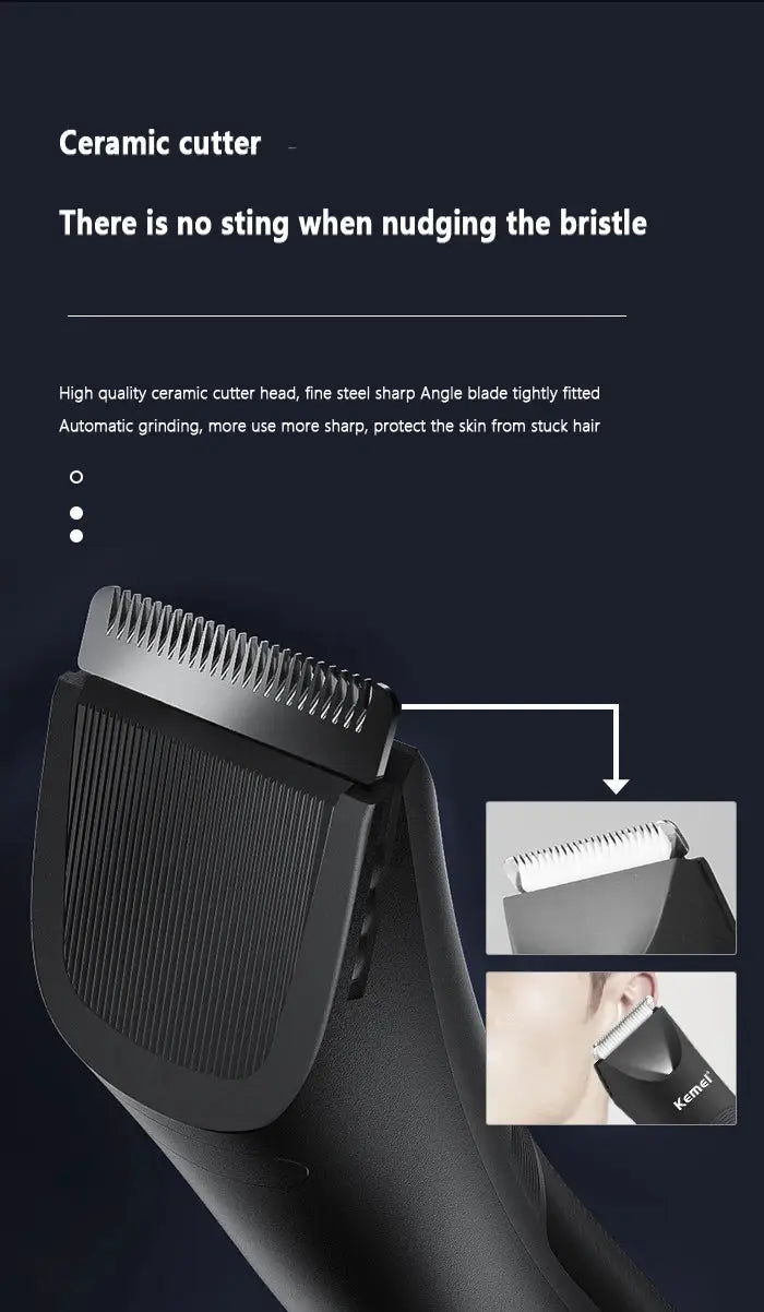Kemei KM-1838 groin hair trimmer with ceramic blade; black, waterproof wet/dry clippers