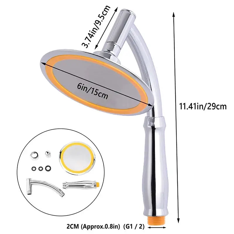 6-inch round rainfall handheld shower head by Simples Market, chrome finish with orange ring, 360° rotation