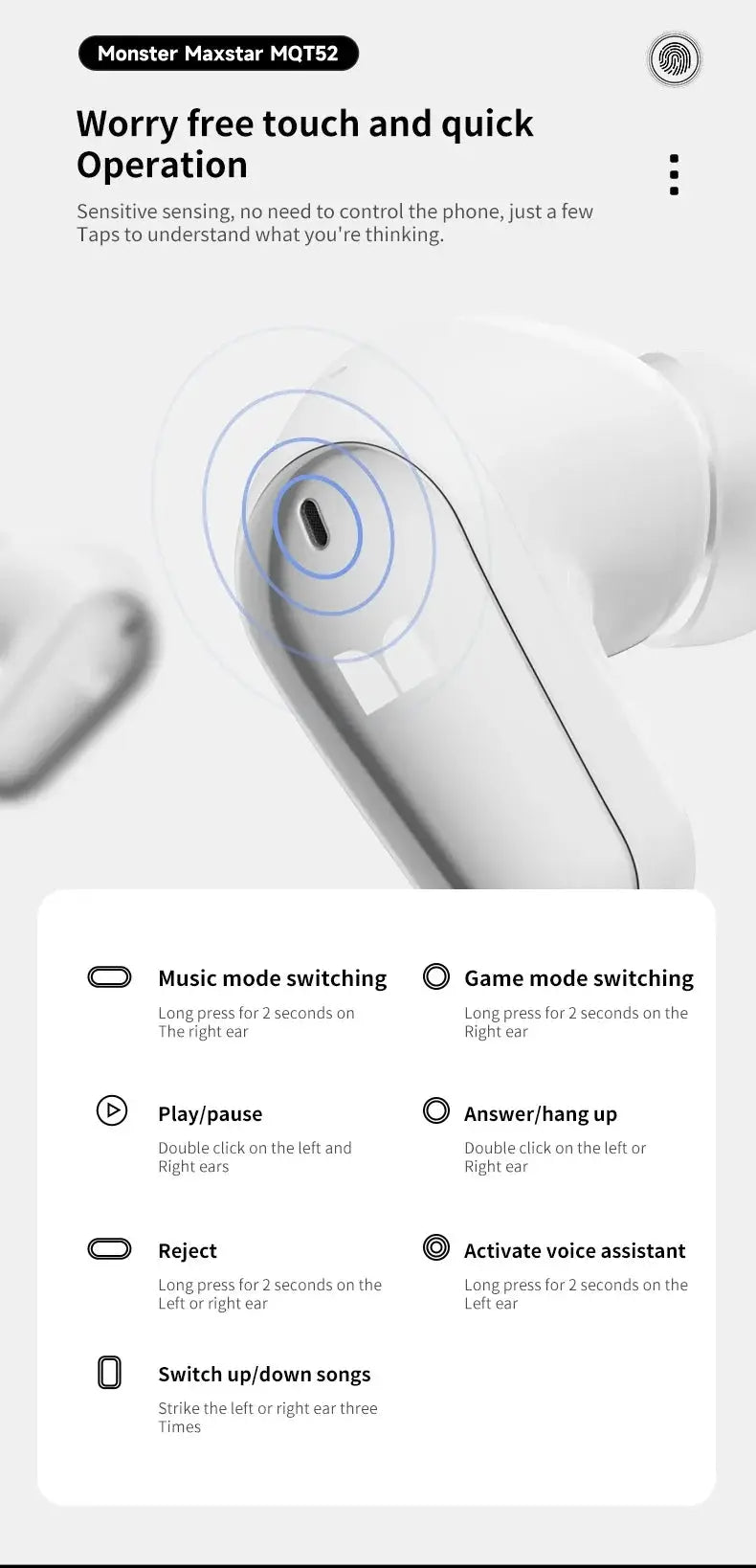 Monster Maxstar MQT52 TWS wireless gaming earbuds, white