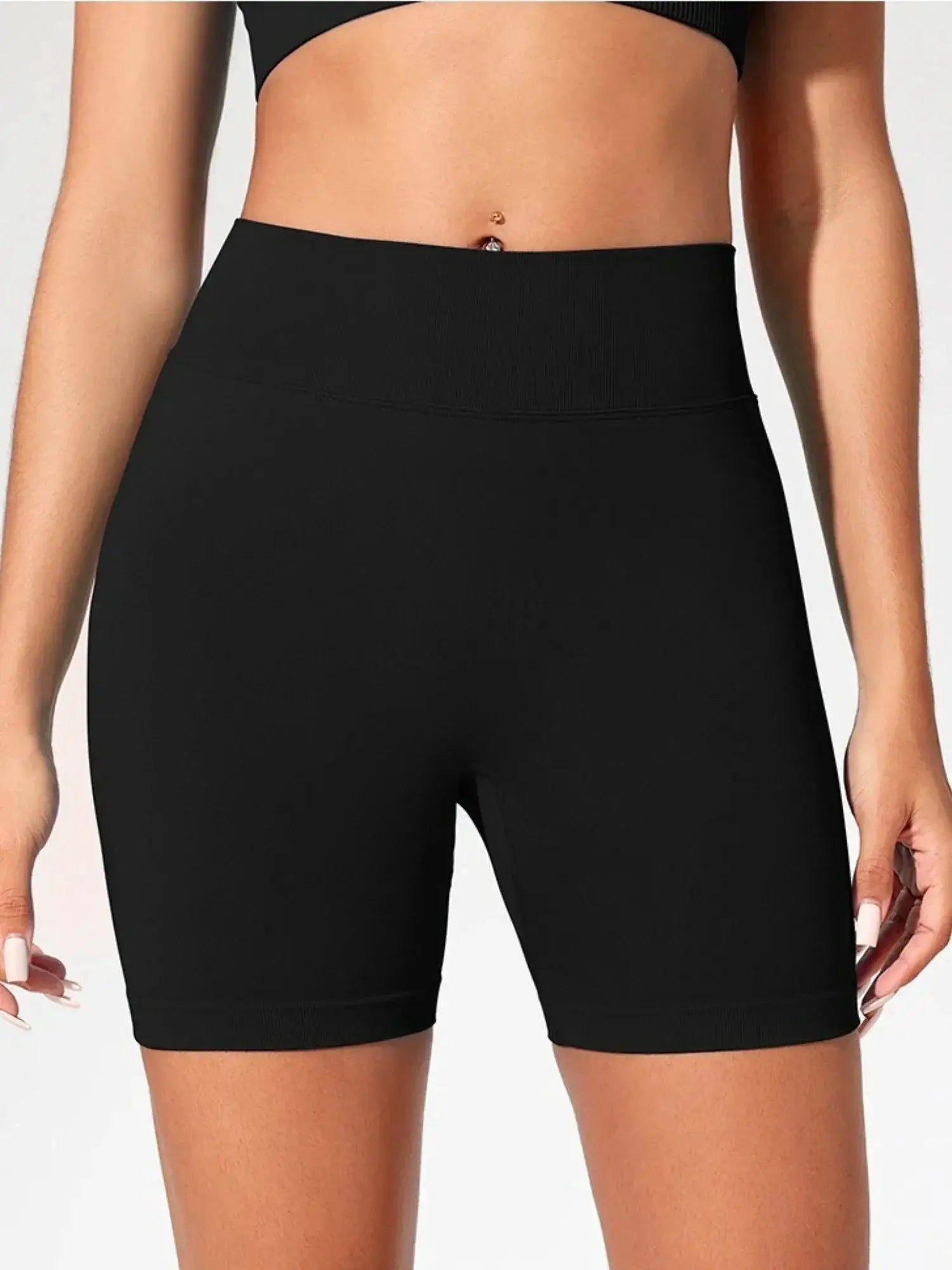 Women's high-waist black seamless gym shorts for training and yoga