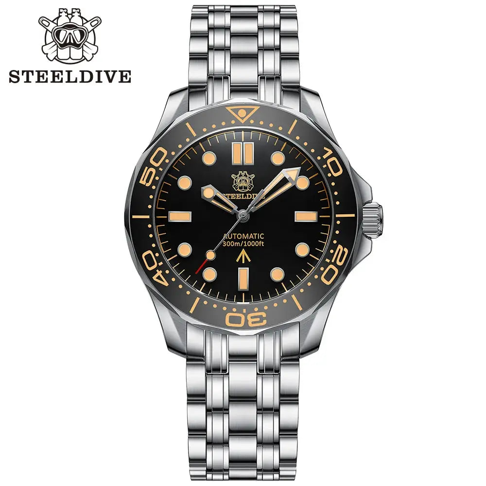 STEELDIVE SD1957 dive watch with ceramic bezel, stainless steel bracelet, black dial, gold markers.