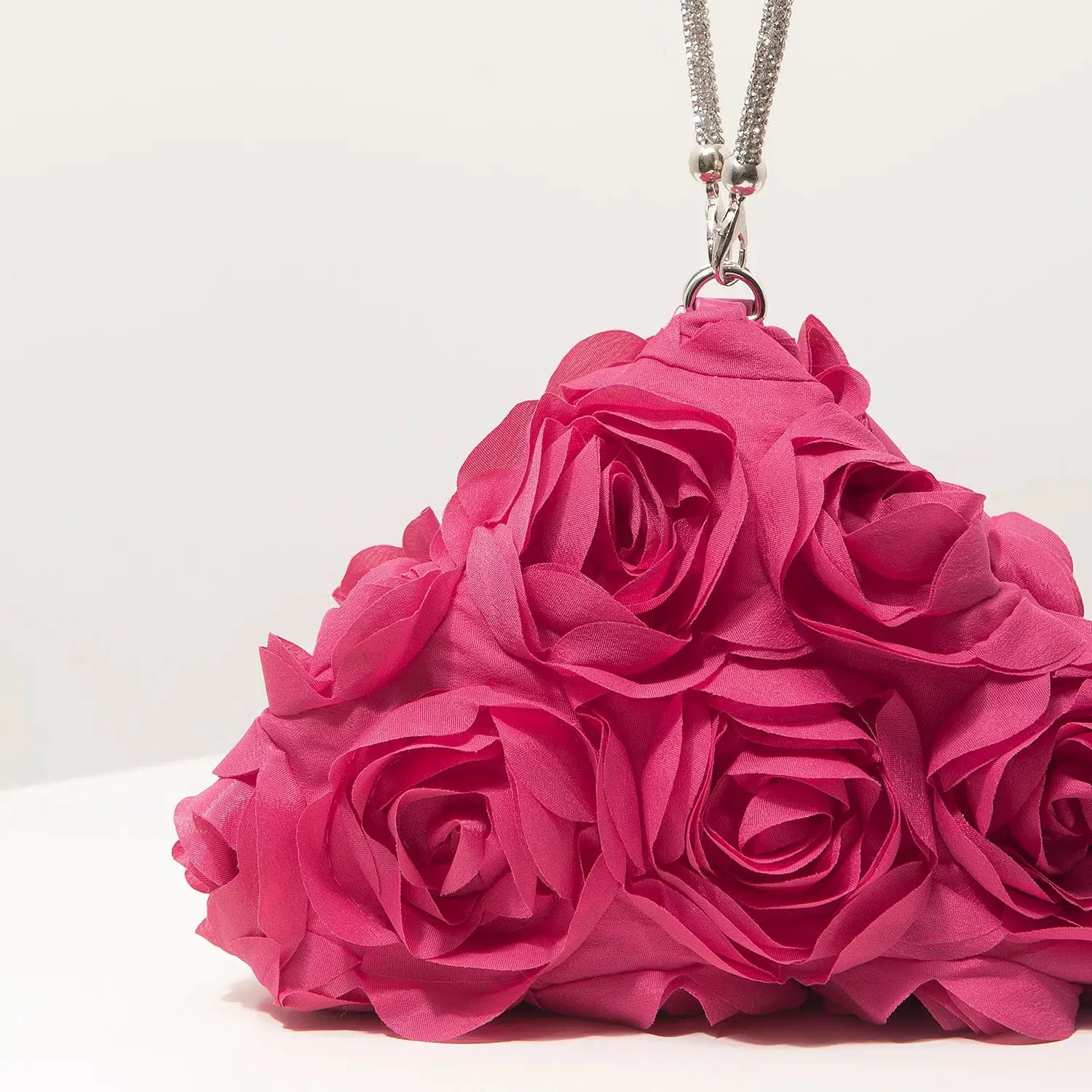 Pink fabric rose mini purse necklace with crystal chain