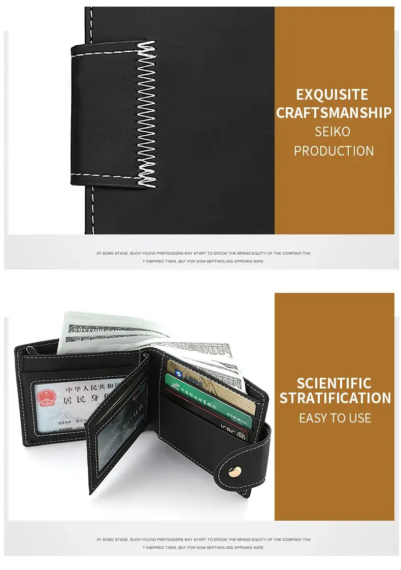 Men's black PU leather short wallet with card slots and ID window, folding design, Simples Market