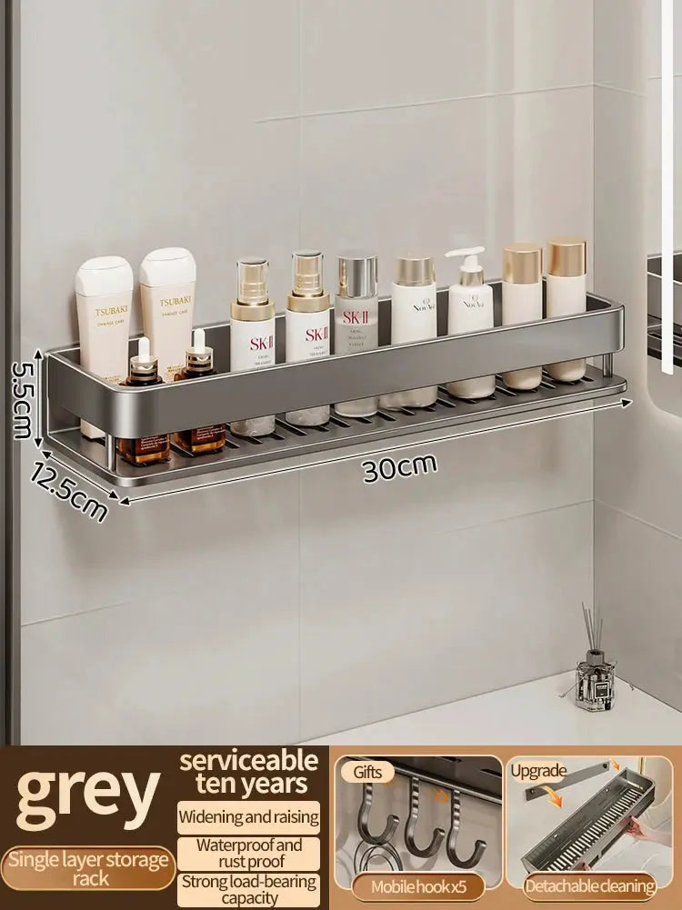 Aluminum wall-mounted kitchen/bathroom rack for no-drill hanging storage; two-tier holds multiple bottles