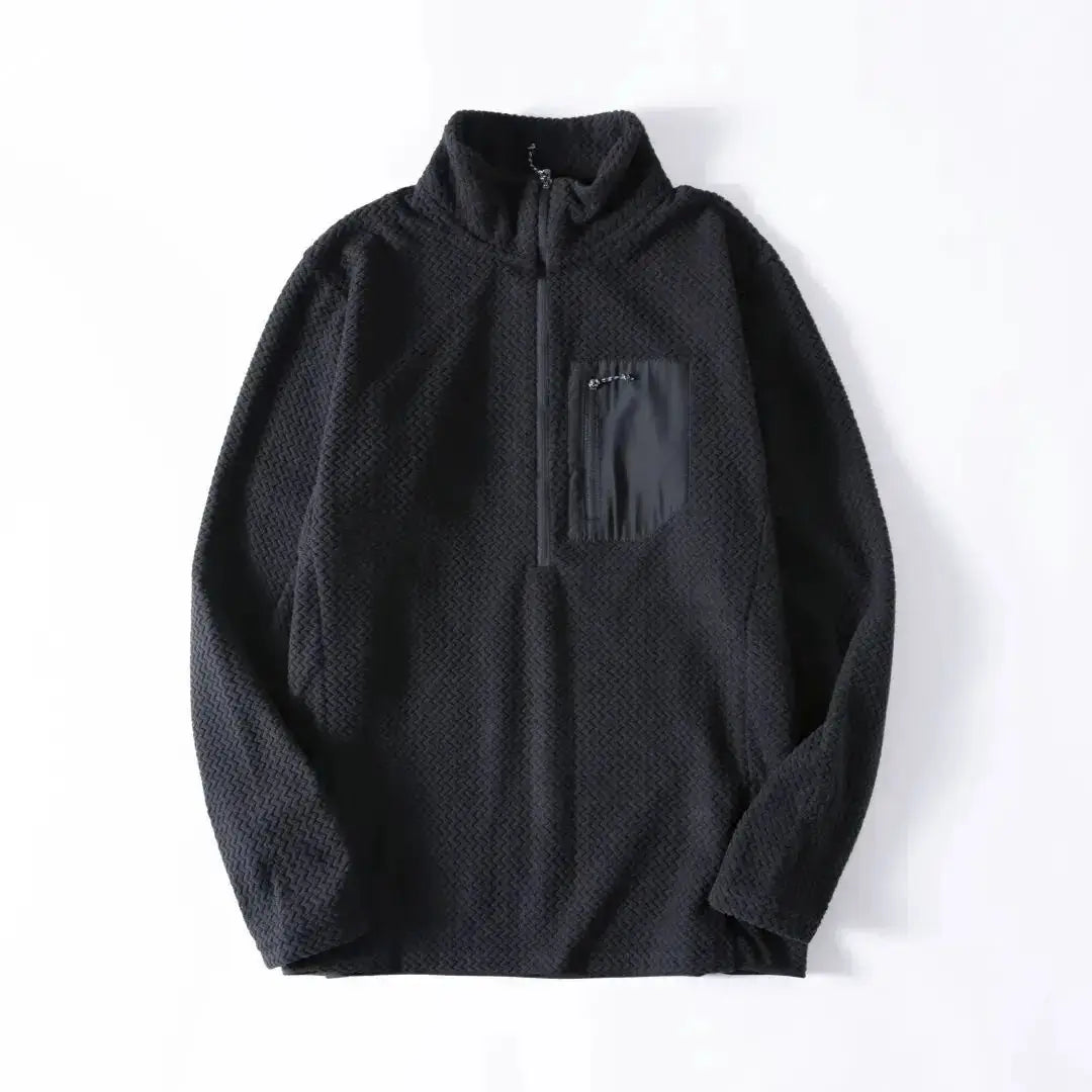 Semi-zip fleece sweatshirt by Simples Market, black with wavy-textured fleece and chest pocket.