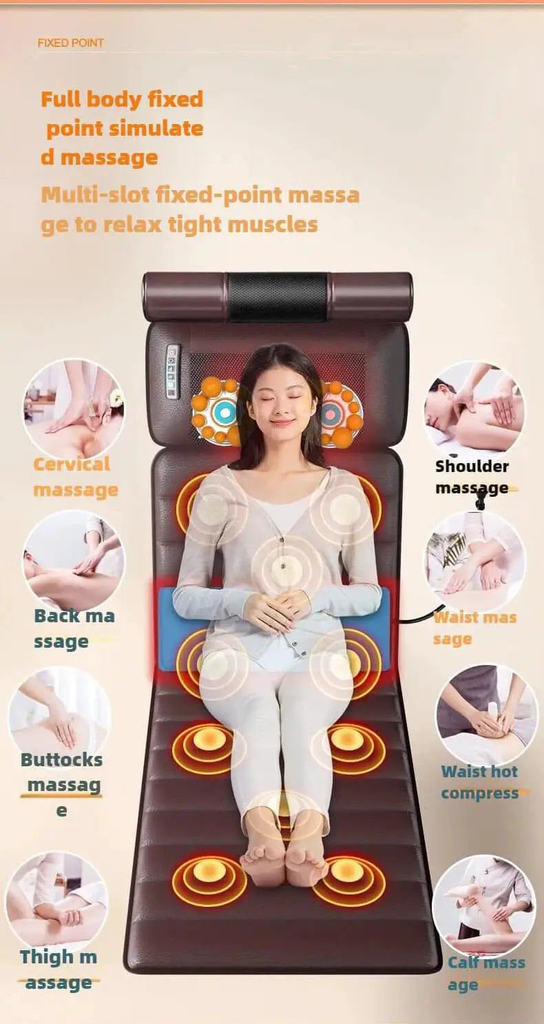 Dark brown electric full-body massage mattress with heating hand control, kneading neck, back, and legs.