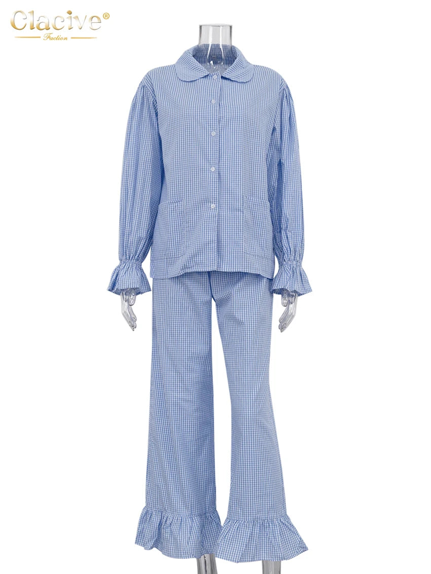 Clacive Plaid Cotton 3 Piece Set Long Sleeve Shirt High Waist Pants
