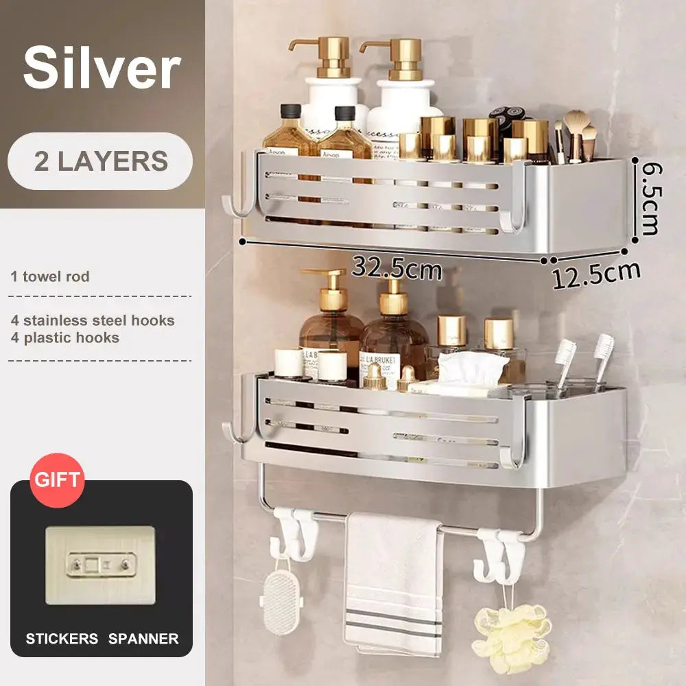 Simples Market silver 2-layer corner bathroom shelf with towel bar and hooks, space aluminum no-drill shower organizer